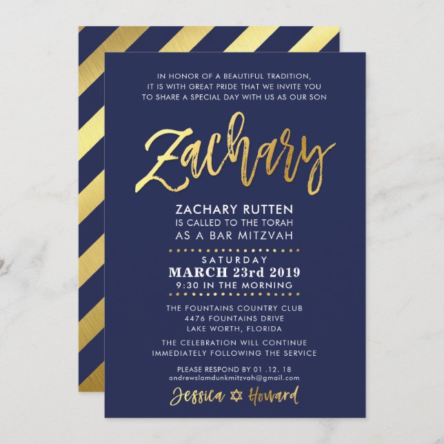 CUSTOM Bar Mitzvah modern navy + gold ZACHARY Invitation (Front/Back)