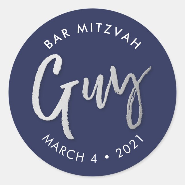 CUSTOM Bar Mitzvah modern navy silver name GUY Classic Round Sticker (Front)