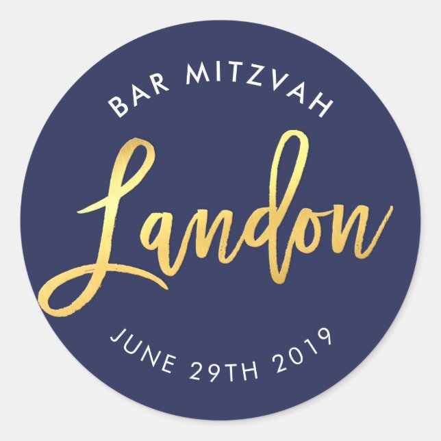CUSTOM Bar Mitzvah navy blue + gold LANDON Classic Round Sticker (Front)