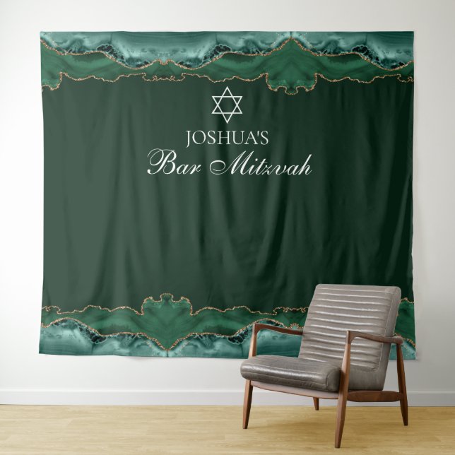 Custom Bar Mitzvah Party Green Gold Photo Booth Tapestry (In Situ (Horizontal))