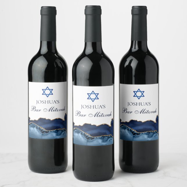 Custom Bar Mitzvah Party Navy Blue Gold Agate Wine Label (Bottles)