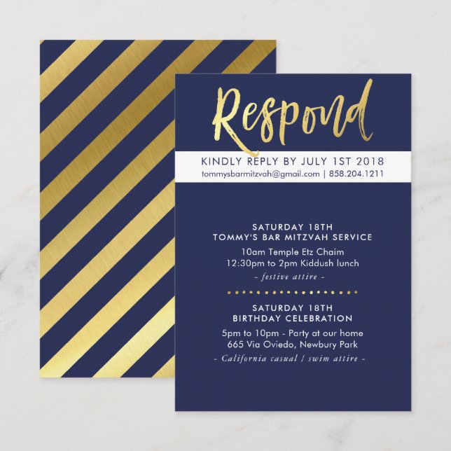 CUSTOM Bar Mitzvah party Tommy navy + gold Invitation (Front/Back)