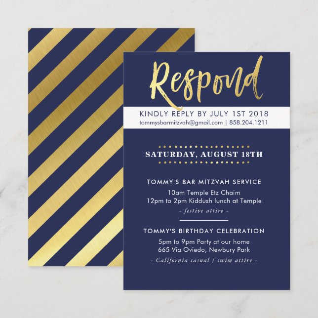 CUSTOM Bar Mitzvah party Tommy navy + gold Invitation (Front/Back)