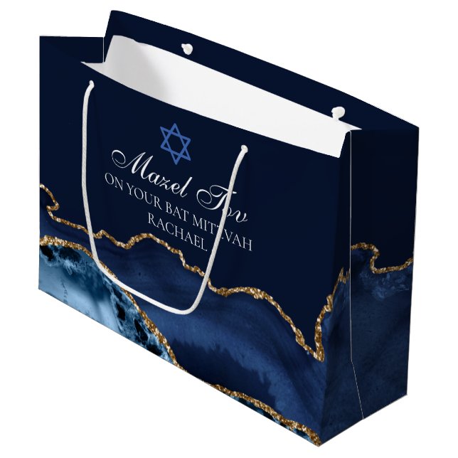 Custom Bar or Bat Mitzvah Mazel Tov Navy Blue Gold Large Gift Bag (Front Angled)