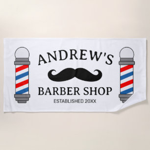 Custom barber shop pole and moustache logo beach towel