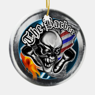 Custom Barber Skull with Flaming Razor Ceramic Tree Decoration