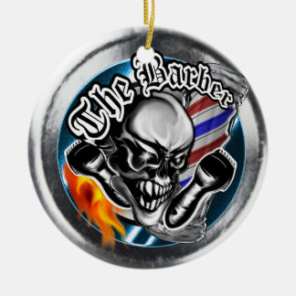 Custom Barber Skull with Flaming Razor Ceramic Tree Decoration