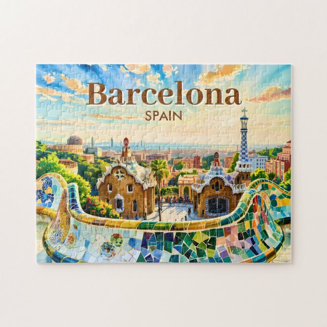 Custom Barcelona Spain Watercolor Park Guell Retro Jigsaw Puzzle (Horizontal)