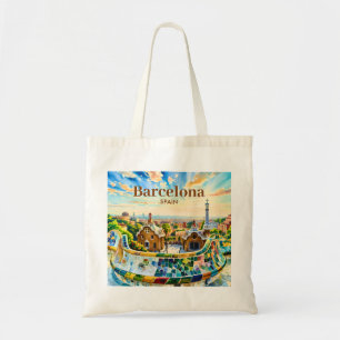 Custom Barcelona Spain Watercolor Park Guell Retro Tote Bag
