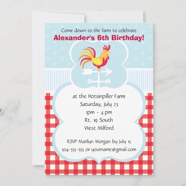 Custom Barnyard Rooster Birthday Party Invitation (Front)