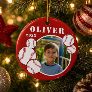 Custom Baseball Ball Red Sports Photo Ceramic Tree Decoration