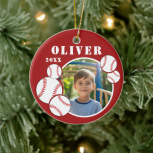 Custom Baseball Ball Red Sports Photo Ceramic Tree Decoration