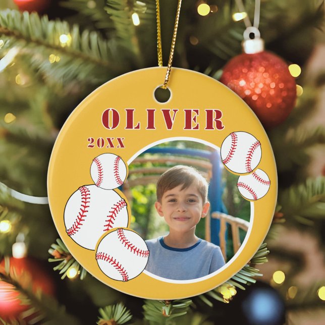 Custom Baseball Ball Yellow Sports Photo Ceramic Tree Decoration (Creator Uploaded)