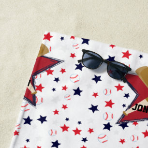 Custom Baseball Bats Balls and Stars on White Beach Towel