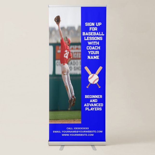 Custom Baseball Coach Coaching Class Lessons Blue Retractable Banner (Front)