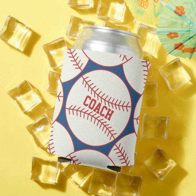 Custom Baseball Coach Pattern Blue Red Can Cooler (In Situ Summer)