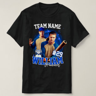 Custom Baseball Player Photo Black Blue T-Shirt