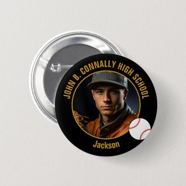 Custom Baseball Player Photo Black Gold Spirit 6 Cm Round Badge (Front & Back)