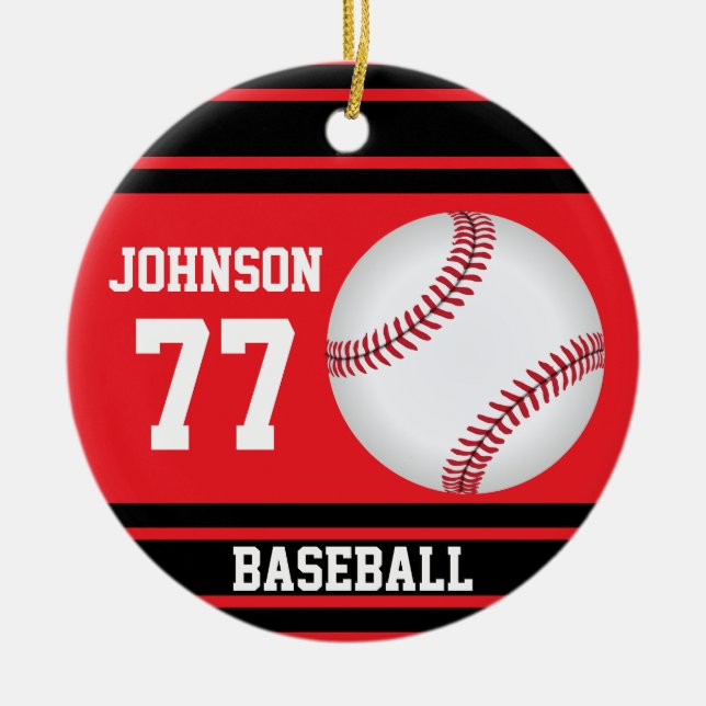 Custom Baseball | Red and Black Ceramic Tree Decoration (Front)