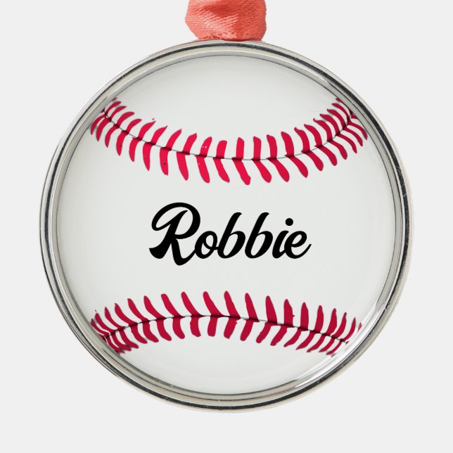 Custom baseball red white personalised metal tree decoration (Front)