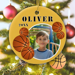 Custom Basketball Ball Yellow Sports Photo Ceramic Tree Decoration