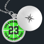Custom basketball player jersey number team name locket necklace<br><div class="desc">Custom basketball player jersey number team name round locket necklace. Personalised sports gift for basketball player,  fan and coach. Neon green or custom background colour. Sporty presents for girl,  sister,  daughter,  granddaughter,  mum,  friend,  team mate etc.</div>