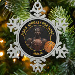 Custom Basketball Player Photo Black Gold Snowflake Pewter Christmas Ornament<br><div class="desc">This cool customized high school basketball player photo gift features gold typography of your team and player name on a black snowflake shaped Christmas ornament with a ball. Personalize with your student's photograph and class year as a proud sports parent.</div>