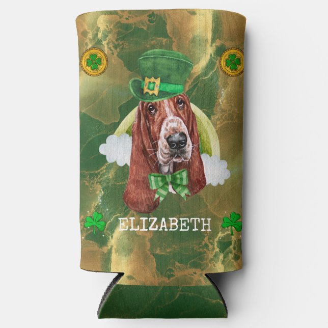 Custom Basset Hound Gold St. Patricks Seltzer Can Cooler (Front)