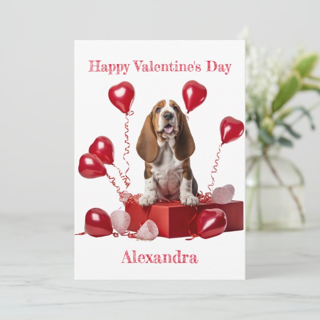 Custom Basset Hound Heart Shape Balloon Valentine Holiday Card (Standing Front)