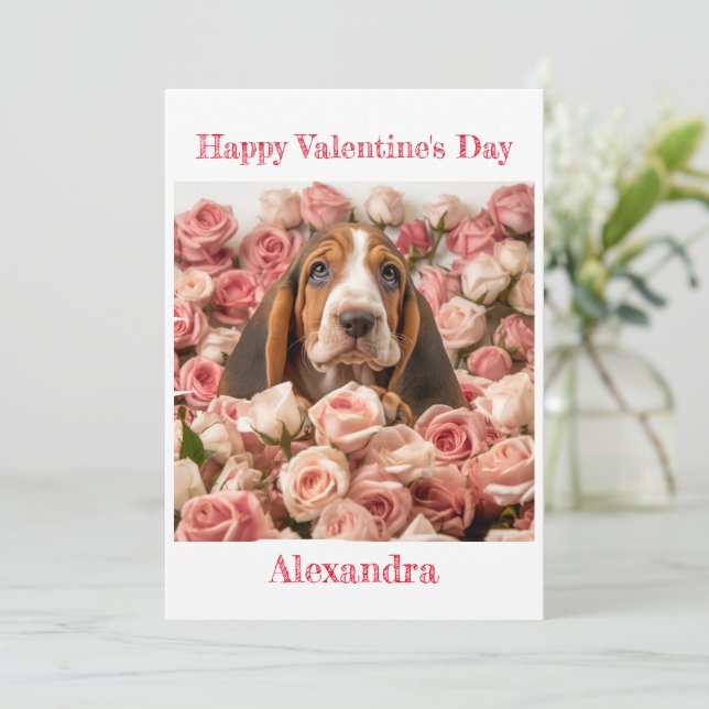 Custom Basset Hound in Roses Valentine Holiday Card (Standing Front)