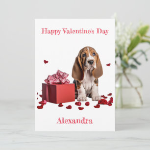Custom Basset Hound Red Gift Box Valentine Holiday Card