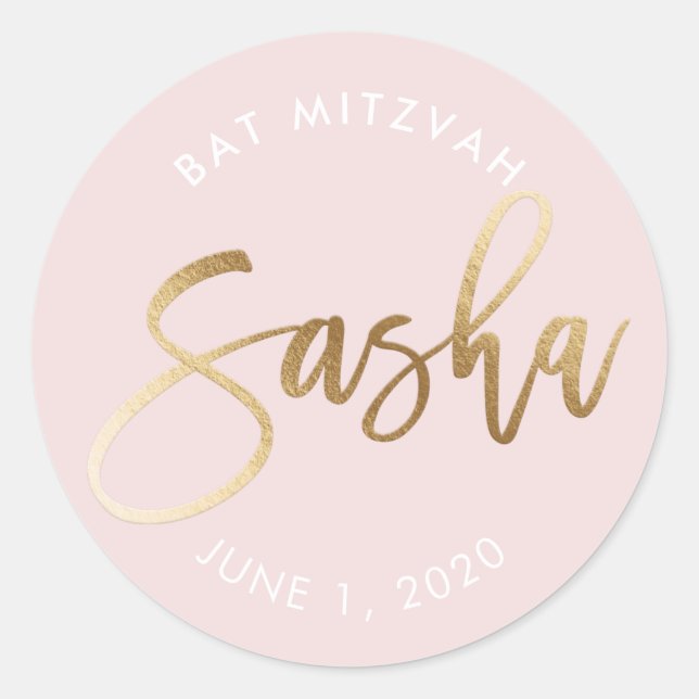 CUSTOM Bat Mitzvah blush pink gold name SASHA Classic Round Sticker (Front)
