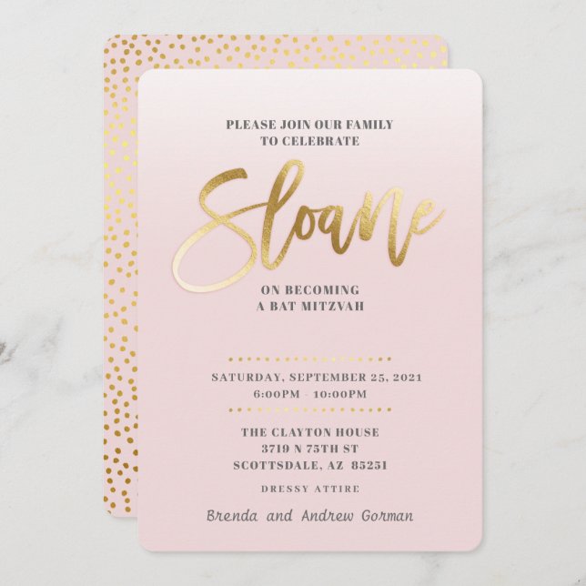 CUSTOM Bat Mitzvah Invite pale pink gold SLOANE (Front/Back)