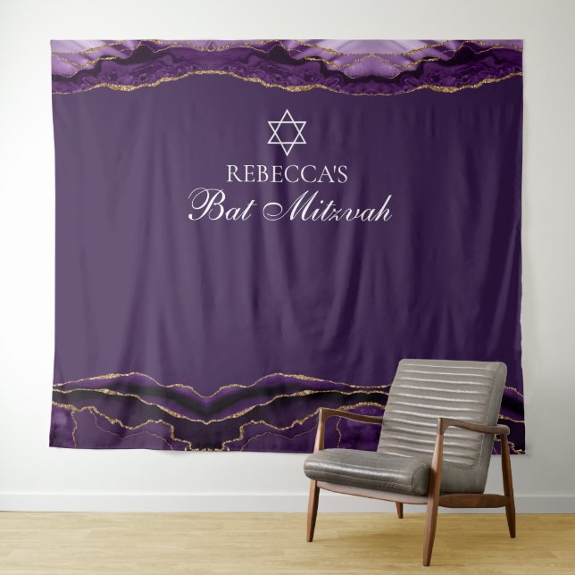Custom Bat Mitzvah Party Purple Gold Photo Booth Tapestry (In Situ (Horizontal))