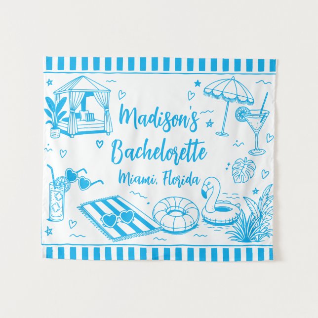Custom Beach Bachelorette Party Personalised Blue Tapestry (Front (Horizontal))