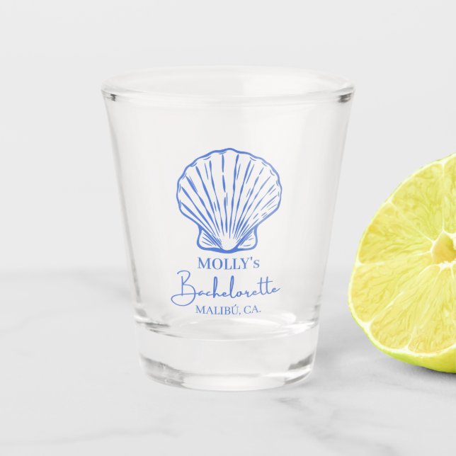 Custom Beach Bachelorette Sea Shell Blue Stripe  Shot Glass (Front)