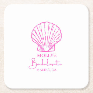 Custom Beach Bachelorette Sea Shell Pink Stripe Square Paper Coaster