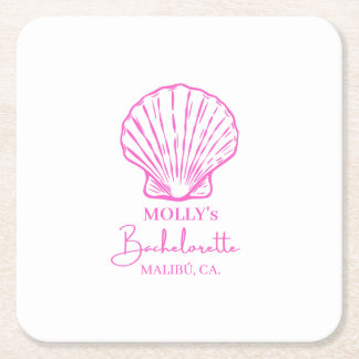 Custom Beach Bachelorette Sea Shell Pink Stripe Square Paper Coaster