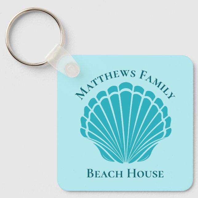 Custom Beach House Aqua Seashell Monogram Home Key Ring (Front)