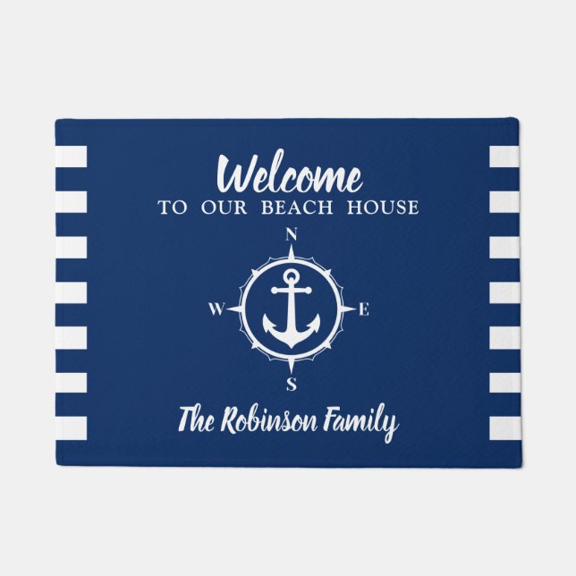 Custom Beach House Family Name Compass Anchor Doormat (Front)