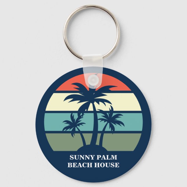Custom Beach House Vacation Rental Blue Palm Tree Key Ring (Front)