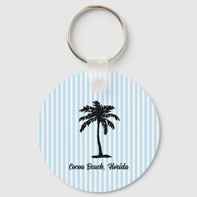 Custom Beach Palm Tree Nautical Blue Stripe Key Ring (Front)