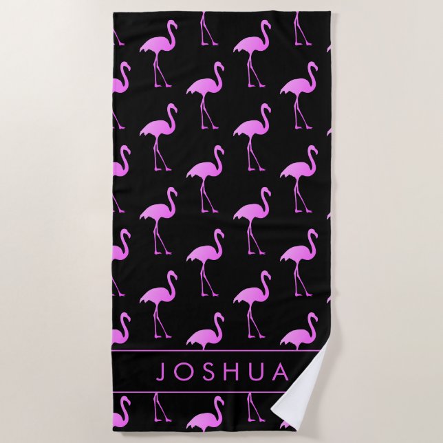 Custom beach towel with neon pink flamingo print (Front)