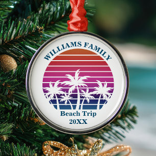 Custom Beach Trip Keepsake Pink Palm Tree Sunset Metal Tree Decoration