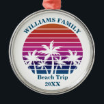 Custom Beach Trip Keepsake Pink Palm Tree Sunset Metal Tree Decoration<br><div class="desc">Cool custom beach sunset keepsake ornament for a destination wedding or family trip to an island. Cute personalized bridal party presents or family reunion gifts featuring a pretty pink background in front of beautiful palm trees.</div>