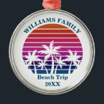 Custom Beach Trip Keepsake Pink Palm Tree Sunset Metal Tree Decoration<br><div class="desc">Cool custom beach sunset keepsake ornament for a destination wedding or family trip to an island. Cute personalized bridal party presents or family reunion gifts featuring a pretty pink background in front of beautiful palm trees.</div>