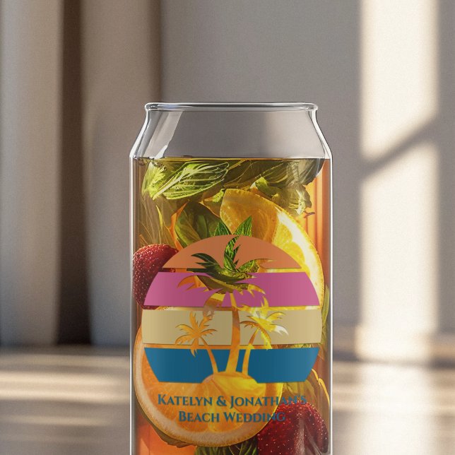 Custom Beach Wedding Tropical Palm Tree Sunset Can Glass (Creator Uploaded)