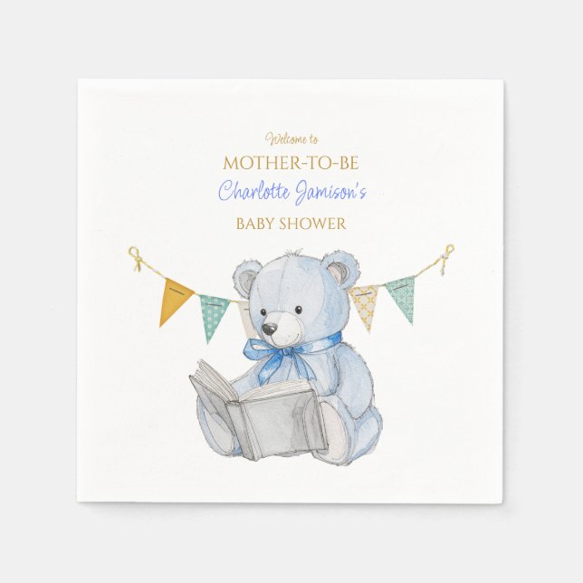 Custom Bear reading a book Baby Shower Napkin (Front)