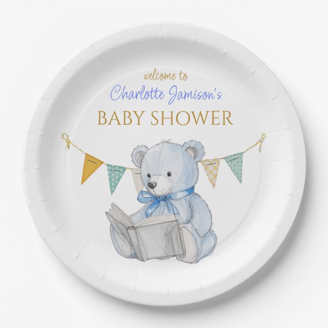 Custom Bear reading a book Baby Shower Paper Plate (Front)