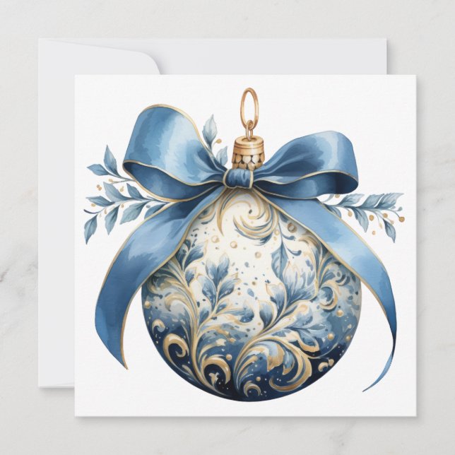 Custom Beautiful Blue Christmas Ornament Holiday Card (Front)